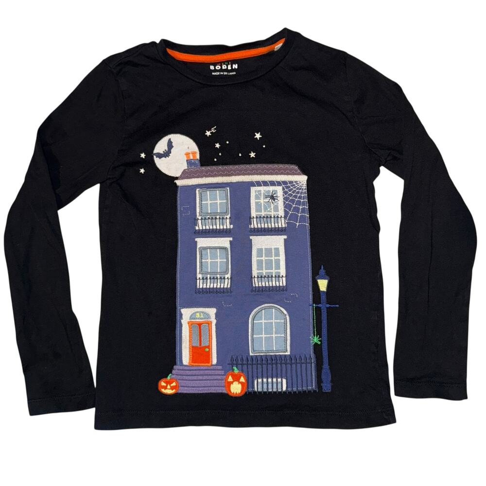 Mini Boden Applique Halloween‎ Haunted House Long Sleeve Shirt Kids 7/8 Pumpkin